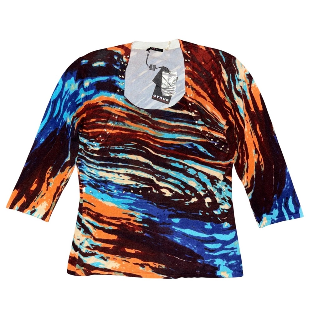 Cyrus Abstract Print Studded 3/4 Sleeve Knit Top Maximalist Artsy Y2K Indie